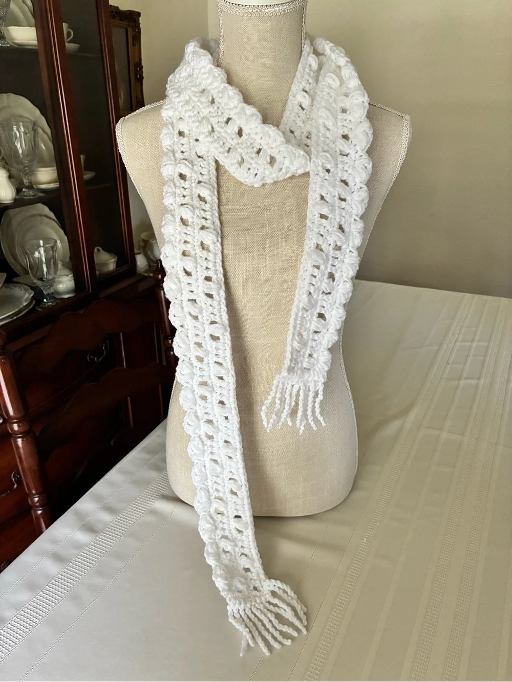 White Handmade Basketweave Eyelet Crochet Fringe Scarf - NEW